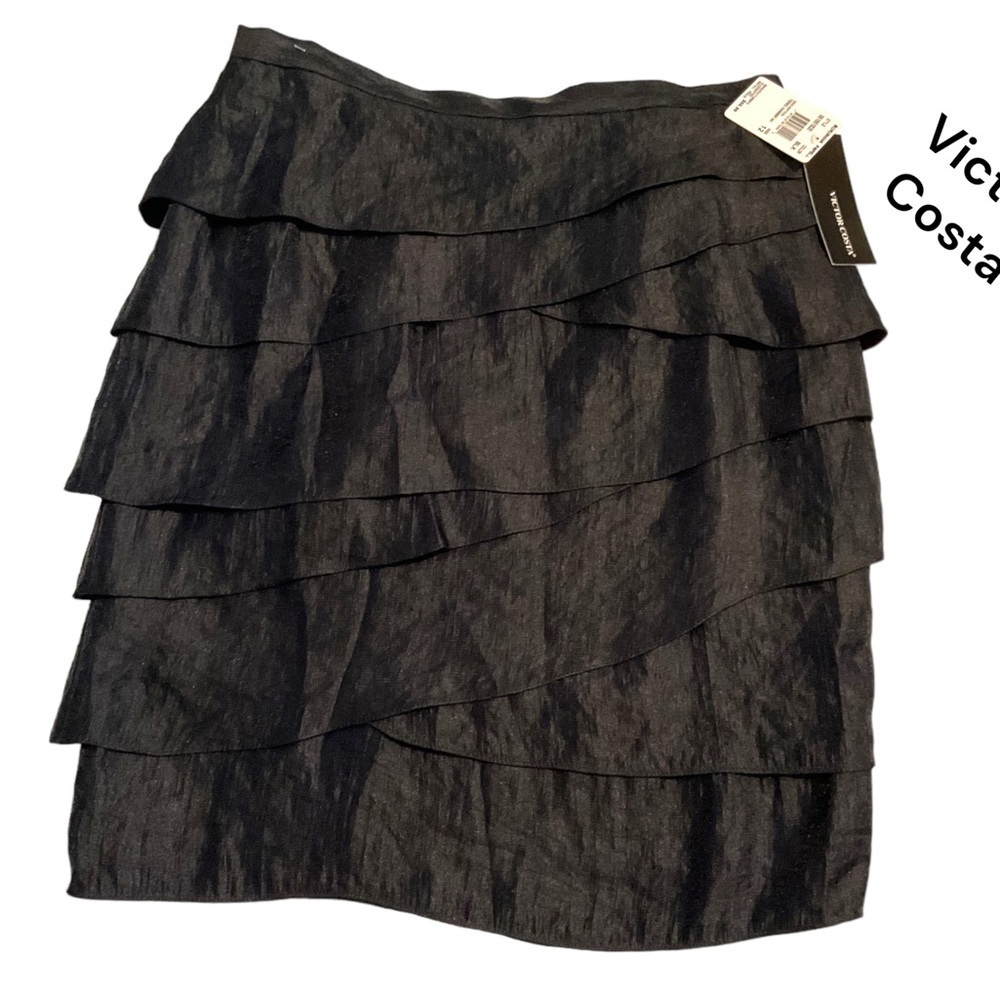 Vintage Victor Costa ruffle shiny black knee-length skirt Size 12‎